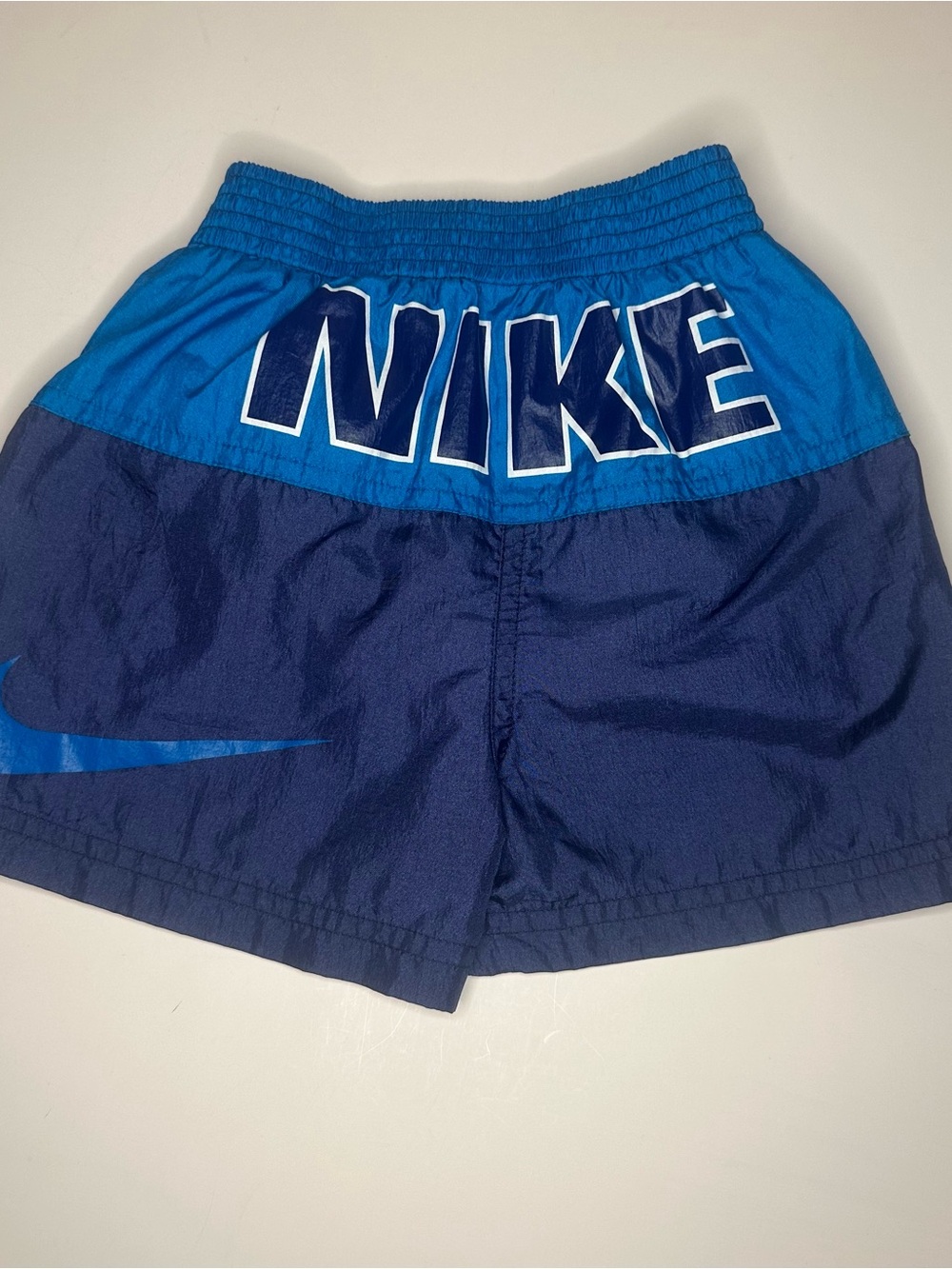 Vintage Y2K Nike Logo Spellout Boy Sz 4 Blue Colorblock Lined Swim Trunks Summer